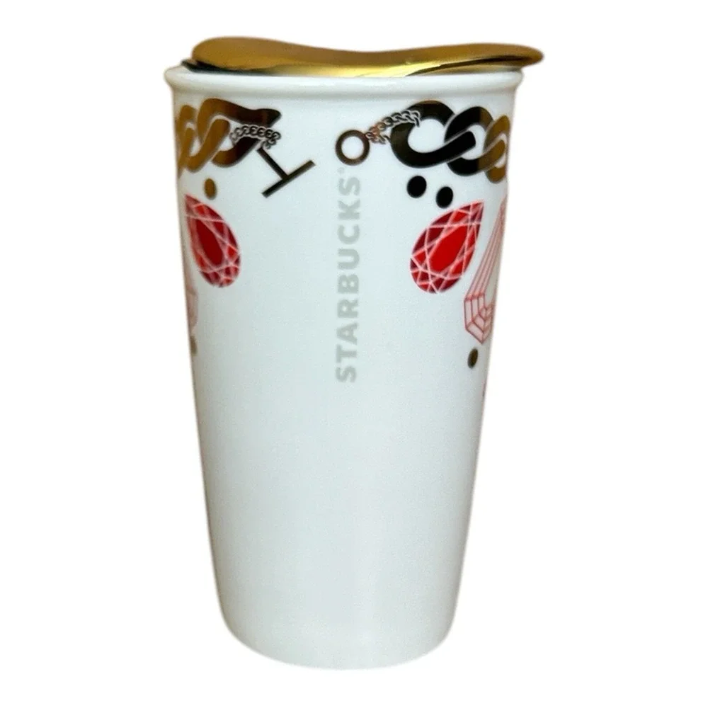 2014 STARBUCKS Ceramic Tumbler Mug w/ Lid Red Geometric Gem Gold Chain 12 oz